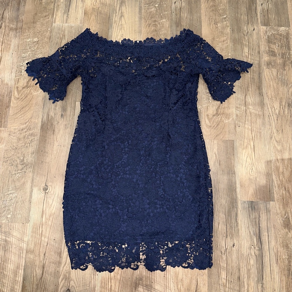 Bardot lace off the shoulder midi dress